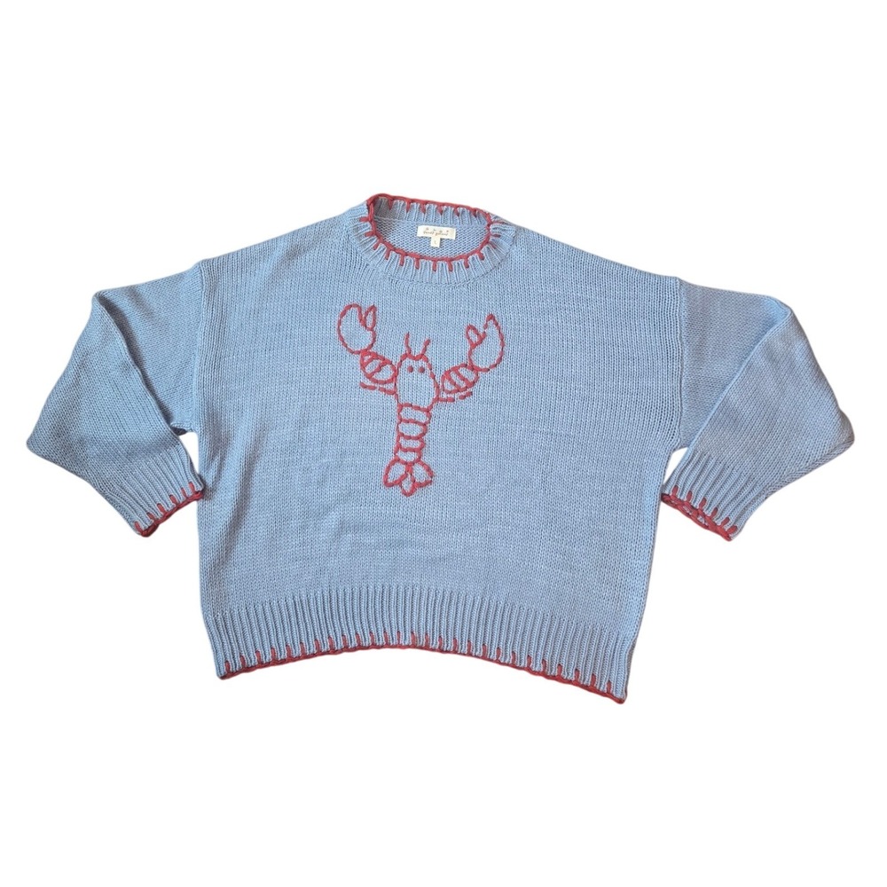 Women Lobster Sweater Pullover Blue Red Chunky Knit Casual Nautical Preppy Large - Picture 3 of 7